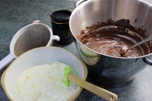 the chocolate brownie mixture and the cheesecake mixture, ready to go!